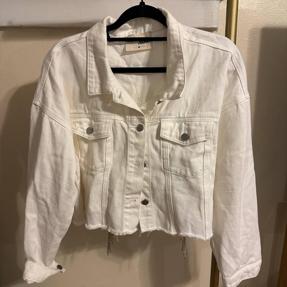 White denim jacket with jeweled tassels size m